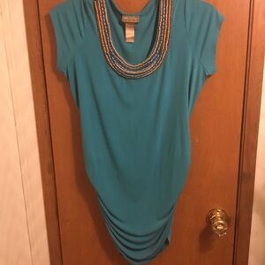 Teal Beaded-Neckline Short Sleeve Drape Tunic L